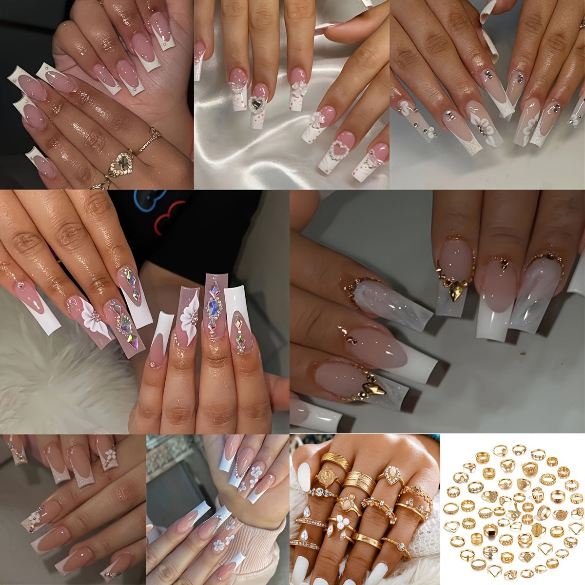 226pcs 168pcs Glossy Long Square Fake Nails (7 pack) + 58pcs Rings Set White French Tip Press On NailsWith Embossed Flower Rhinestone Design, sweet Cool Full Cover FalseNails For Women Girls